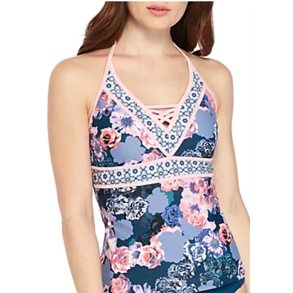 Wonderly Raining Roses Floral Tankini Top with Self-Tie Criss-Criss Back